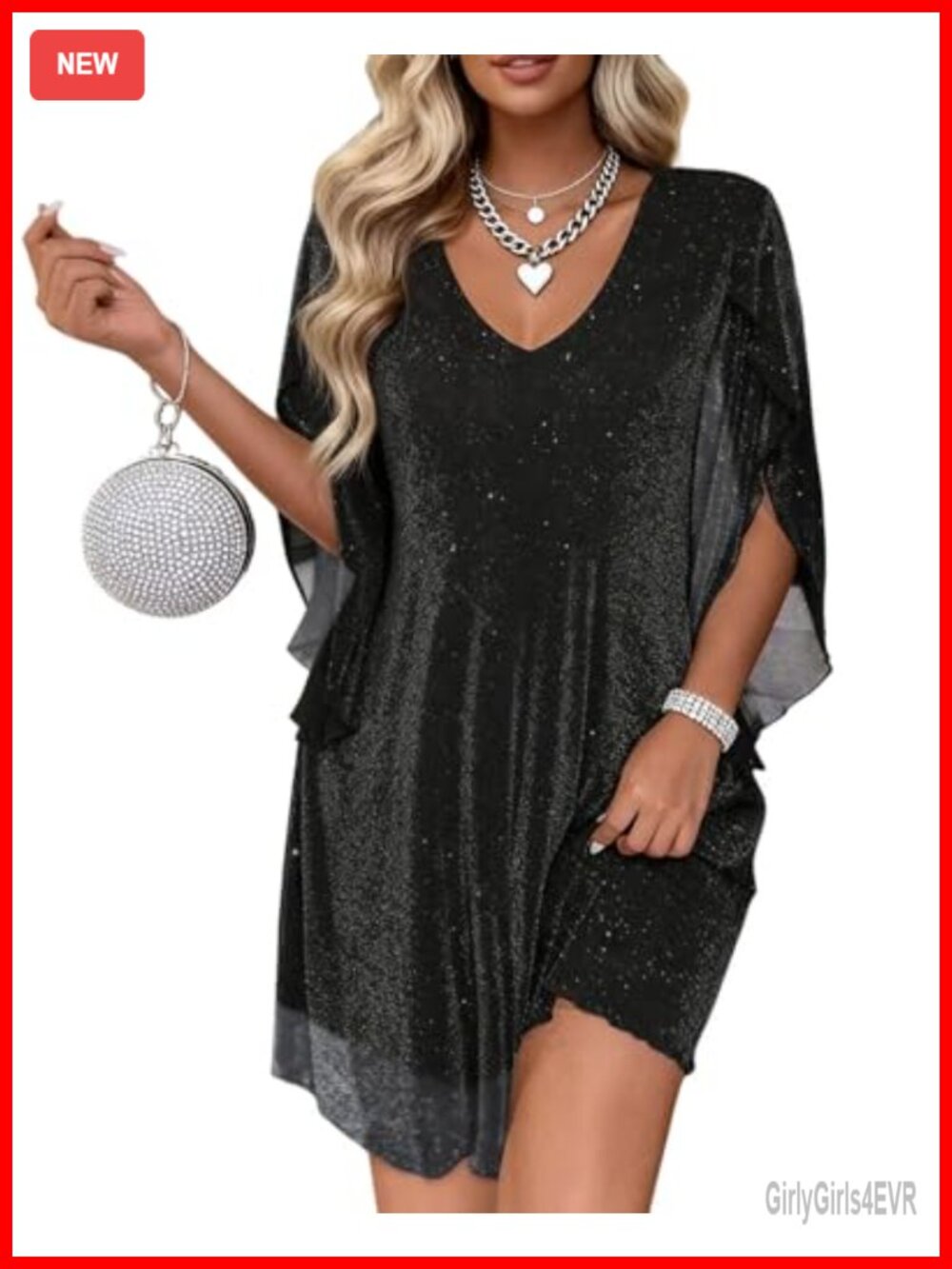 Women's Sparkly Chiffon Cocktail Dress Flutter Sleeve Party Wedding Guest